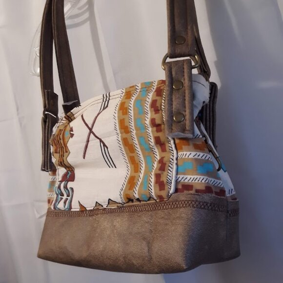 New Vinyl Double handle Shoulder Satchel Bag Purse Brown Aqua Southwestern print - Picture 5 of 12
